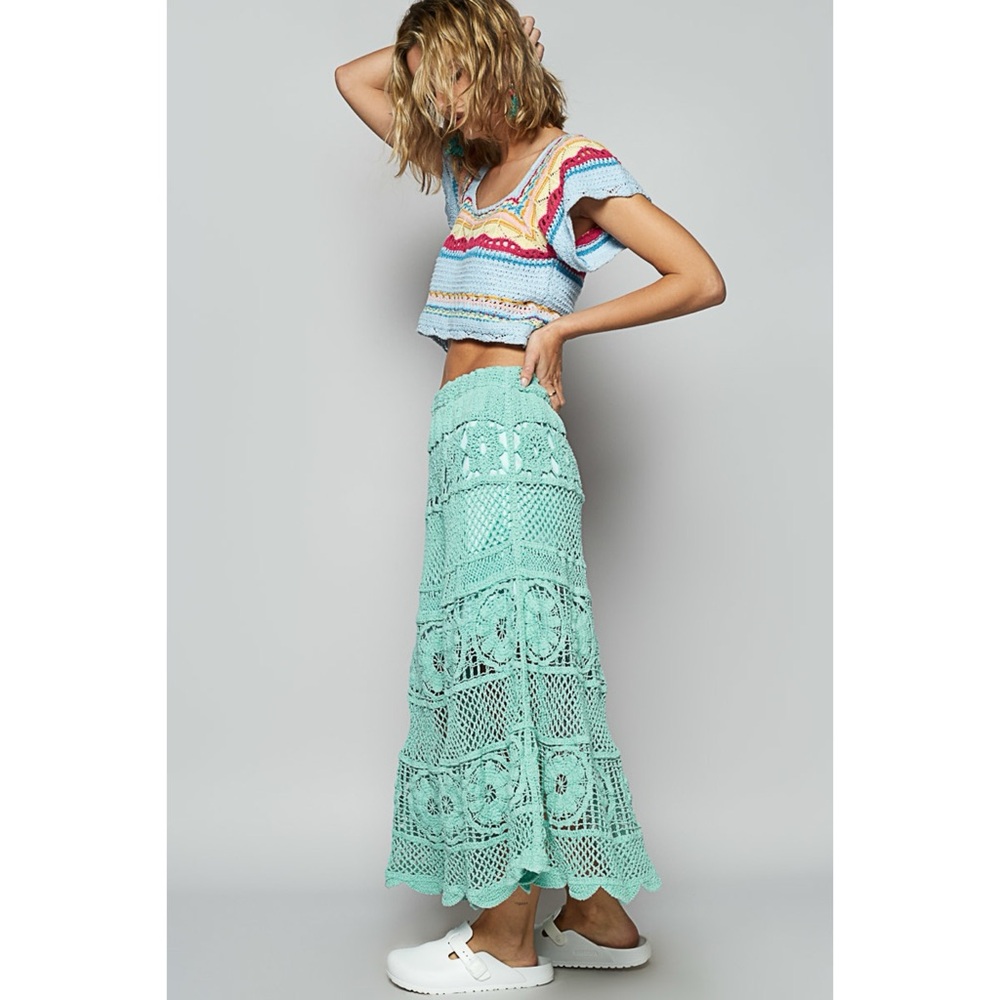 POL Teal Crochet Midi Skirt | Elastic Waist Pull On Flowy - Picture 8 of 9